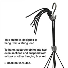 Load image into Gallery viewer, Wind chime with black cord, metal tubes, and hanging instructions for outdoor display