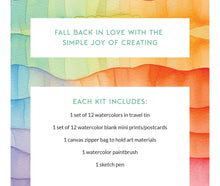 Load image into Gallery viewer, Watercolor travel art kit advertisement with rainbow gradient background showing included supplies