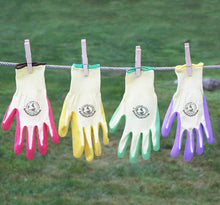 Load image into Gallery viewer, Four colorful gardening gloves with protective fingertip coating hanging on clothesline to dry