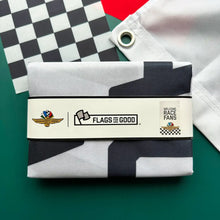 Load image into Gallery viewer, Folded black and white checkered racing flag with Indianapolis Motor Speedway and Flags for Good branding