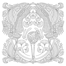Load image into Gallery viewer, Intricate bird mandala coloring page design with ornate wings and botanical elements