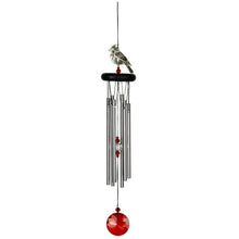 Load image into Gallery viewer, Wind chime with silver cardinal bird topper, black tubes, and red crystal striker ball