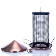Load image into Gallery viewer, Copper finish bird feeder with black mesh cylinder and secure dome cap cover