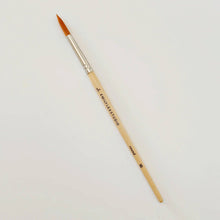 Load image into Gallery viewer, Single wooden handle watercolor paintbrush with pointed orange bristles and metal ferrule