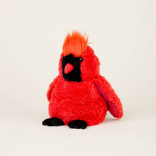 Load image into Gallery viewer, Red plush cardinal stuffed animal with black face markings and orange crest feathers