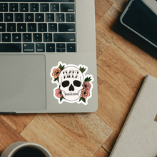 Load image into Gallery viewer, Plant Killer skull sticker with pink flowers on laptop trackpad