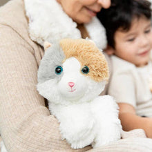 Load image into Gallery viewer, Plush calico cat stuffed animal with blue eyes being held by woman and child