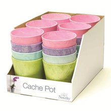 Load image into Gallery viewer, Colorful stone-textured cache pots in pink, purple, and green displayed in retail box