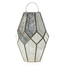 Load image into Gallery viewer, Geometric glass lantern with antique brass frame and mercury glass panels with handle