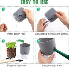 Load image into Gallery viewer, Four-step instruction guide showing how to set up self-watering plant pots with cotton rope system