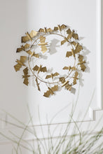 Load image into Gallery viewer, Gold metallic bat wreath with layered flying bats on circular hoop for Halloween décor