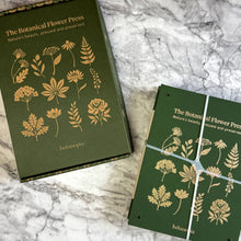 Load image into Gallery viewer, Green linen botanical flower press with gold foil plant illustrations and matching sample cards