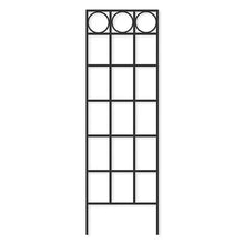 Load image into Gallery viewer, Black metal garden trellis with grid pattern and decorative circular elements at top