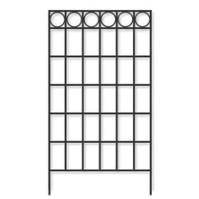 Load image into Gallery viewer, Black metal garden trellis with decorative circular tops and rectangular grid pattern