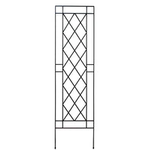 Load image into Gallery viewer, White metal garden trellis with diamond lattice pattern and ground stakes
