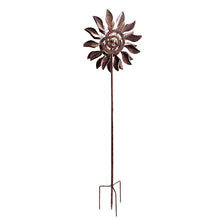 Load image into Gallery viewer, Bronze metal wind spinner with decorative sunflower design on garden stake