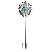 Load image into Gallery viewer, Decorative metal wind spinner with bronze and teal teardrop pattern on garden stake