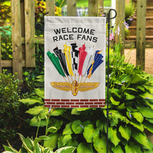 Load image into Gallery viewer, Welcome Race Fans garden flag with colorful racing pennants and Indianapolis Motor Speedway vintage logo