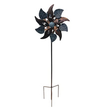 Load image into Gallery viewer, Dark metal wind spinner with leaf-shaped blades and ground stakes for garden decoration