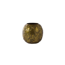 Load image into Gallery viewer, Round brass-toned metal vase with embossed floral and leaf botanical pattern