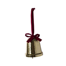 Load image into Gallery viewer, Gold hammered metal Christmas bell ornament with red velvet bow and ribbon hanger