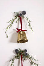 Load image into Gallery viewer, Gold hammered metal Christmas bell with red velvet bow and evergreen sprig decoration