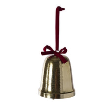 Load image into Gallery viewer, Gold hammered metal Christmas bell ornament with red velvet bow and ribbon hanger