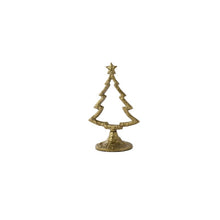Load image into Gallery viewer, Gold metal Christmas tree ornament with star topper on round pedestal base