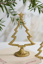 Load image into Gallery viewer, Gold metal decorative Christmas tree ornament with star topper on circular base