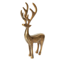 Load image into Gallery viewer, Gold metallic reindeer figurine with large decorative antlers, standing pose