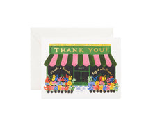 Load image into Gallery viewer, Colorful flower shop thank you greeting card with pink striped awning and blooming flowers