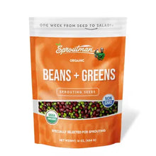 Load image into Gallery viewer, SproutMan organic beans and greens sprouting seeds in orange resealable pouch package