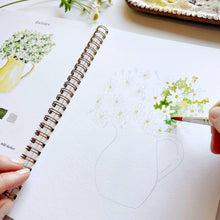 Load image into Gallery viewer, Hands painting watercolor daisies in spiral-bound art workbook with brush and palette