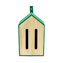 Load image into Gallery viewer, Wooden butterfly house with green trim and two vertical entrance slots for garden wildlife