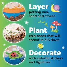 Load image into Gallery viewer, Three-step terrarium craft kit showing layered materials, sprouting chia seeds, and decorative elements
