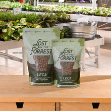Load image into Gallery viewer, Two bags of Lost in the Forrest LECA lightweight expanded clay aggregate on wooden table in greenhouse