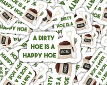 Load image into Gallery viewer, Collection of white gardening humor stickers featuring text and garden hoe illustration with soil bag
