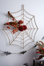 Load image into Gallery viewer, Gold metal spider web wall hanger decorated with autumn berries and red chrysanthemums