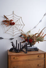 Load image into Gallery viewer, Gold wire spider web wall hanger decorated with autumn berries and dried flowers