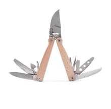 Load image into Gallery viewer, Multi-tool pocket pruner with wood handles showing folding knife blade and various gardening tools