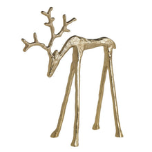 Load image into Gallery viewer, Gold metallic reindeer figurine with antlers in a grazing pose for Christmas décor