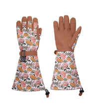 Load image into Gallery viewer, Floral patterned gardening gloves with extended arm protection and brown leather palms