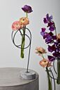 Load image into Gallery viewer, Gold metal spiral plant support stand holding purple and orange flowers against white background