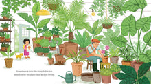 Load image into Gallery viewer, Children's book illustration showing grandfather tending plants in greenhouse while child watches with cat