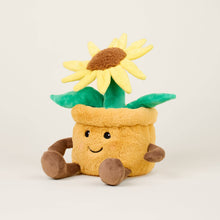 Load image into Gallery viewer, Cute plush yellow flower pot toy with sunflower, green leaves, brown arms and legs