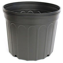 Load image into Gallery viewer, Black plastic nursery pot with ridged sides and drainage holes at bottom