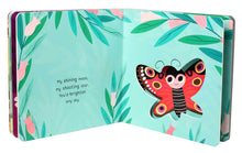 Load image into Gallery viewer, Open children's board book showing colorful butterfly illustration with poem on mint green pages