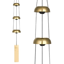 Load image into Gallery viewer, Brass temple bells wind chimes with three golden dome-shaped bells and wooden striker