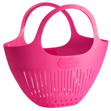 Load image into Gallery viewer, Pink plastic garden colander with dual handles and drainage holes for harvesting vegetables