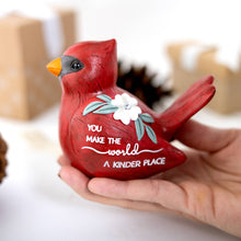 Load image into Gallery viewer, Red cardinal figurine with inspirational message held in cupped hands